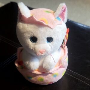 White Plush TY Cat with Pink Accents